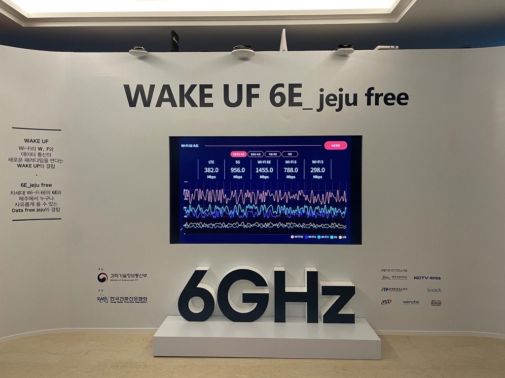 Wi-Fi 세대별 속도를 비교하는 전시 화면